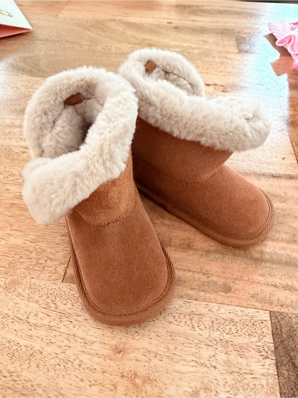 BearPaw Brown Baby Booties with Cream Faux-Shearling Cuff